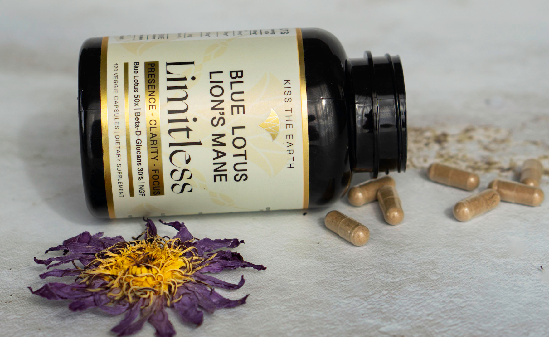 Limitless organic blue lotus lion's mane brainfood ADHD supplements by Kiss The Earth 
