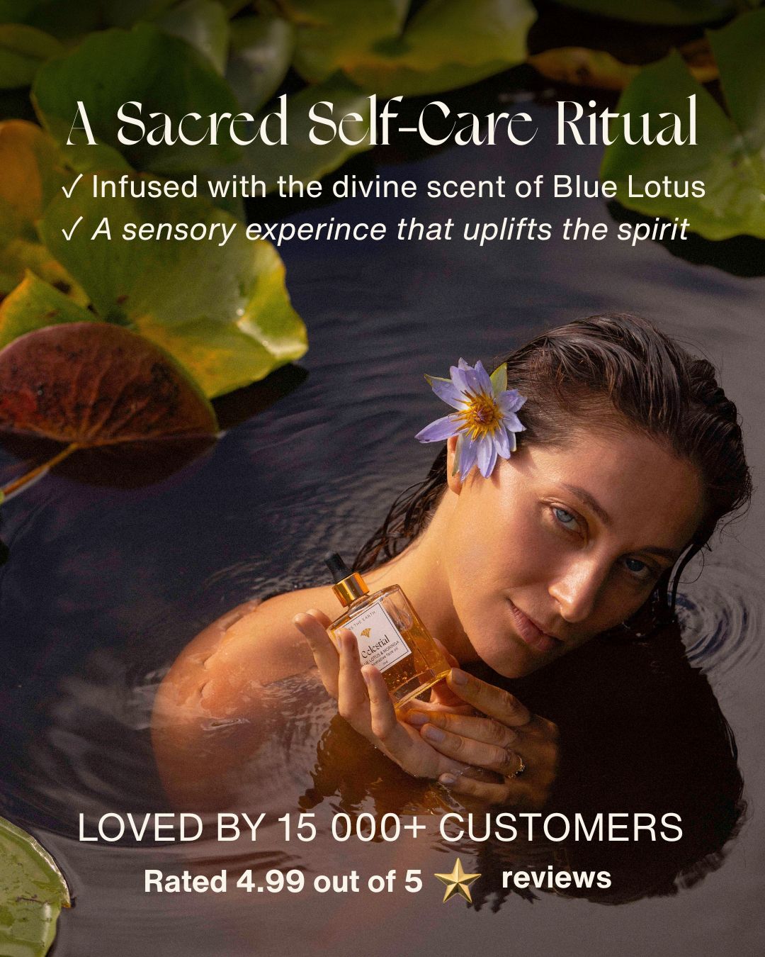 Woman holding a bottle of oil with lotus flowers in water, text about self-care ritual . Blue Lotus-infused luxury facial oil for glowing, nourished skin. 